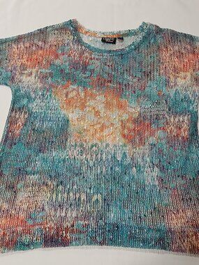 Onque Casual Open Knit Sweater  Abstract Glitter Multicolor Short Sleeve Sz PM